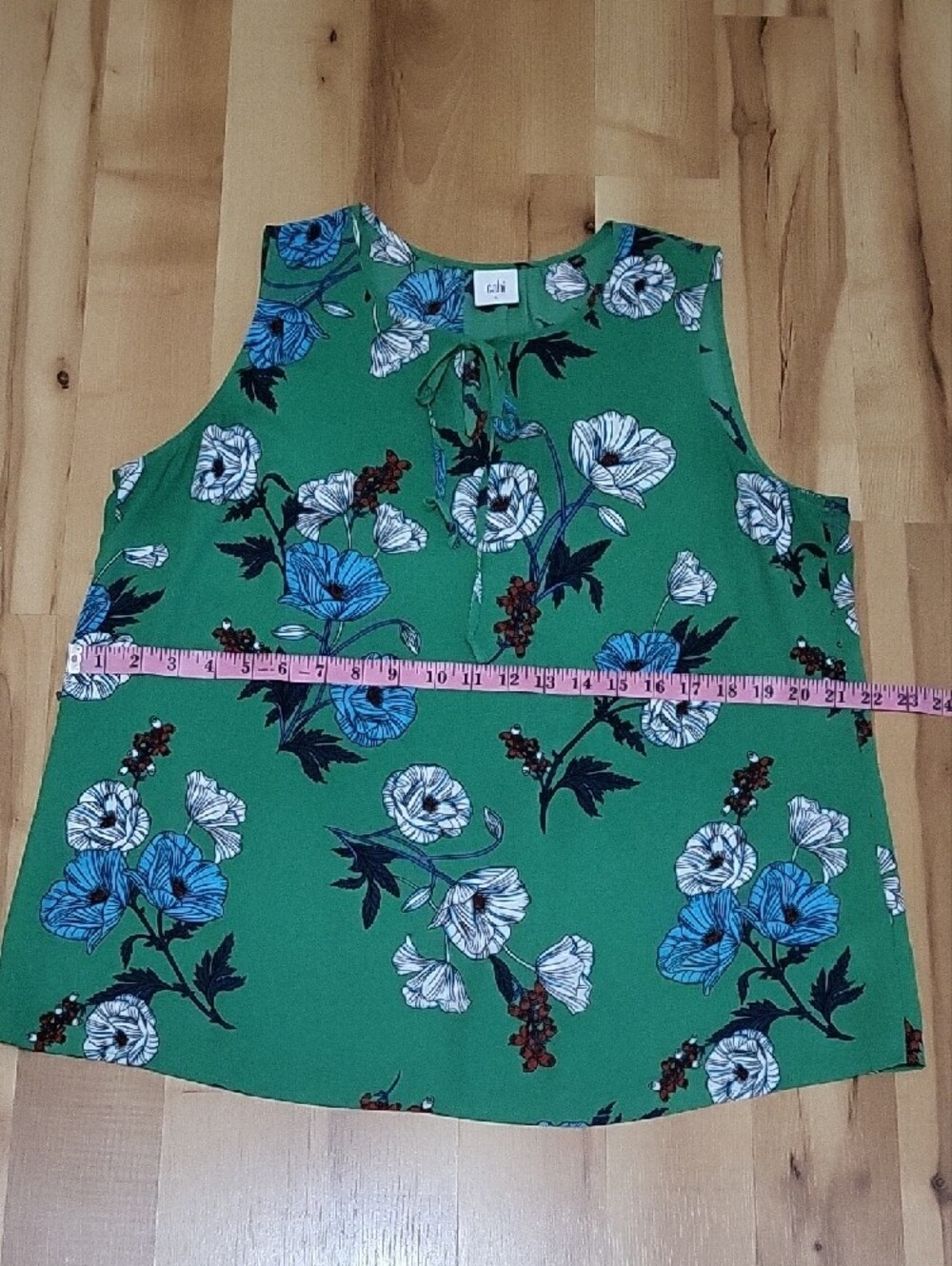 Cabi Primrose Floral Green Blouse – Sleeveless Tie-Neck Top – Women’s Size Large - Picture 10 of 13